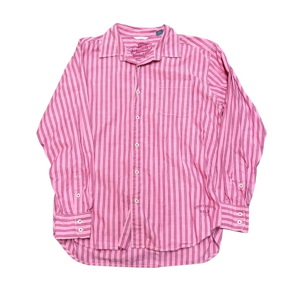 Tommy Bahama Relax Mens Large Pink Purple Striped Cotton Button Down Shirt L/G